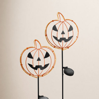 Solar Lighted Metal Pumpkin Yard Stake Set