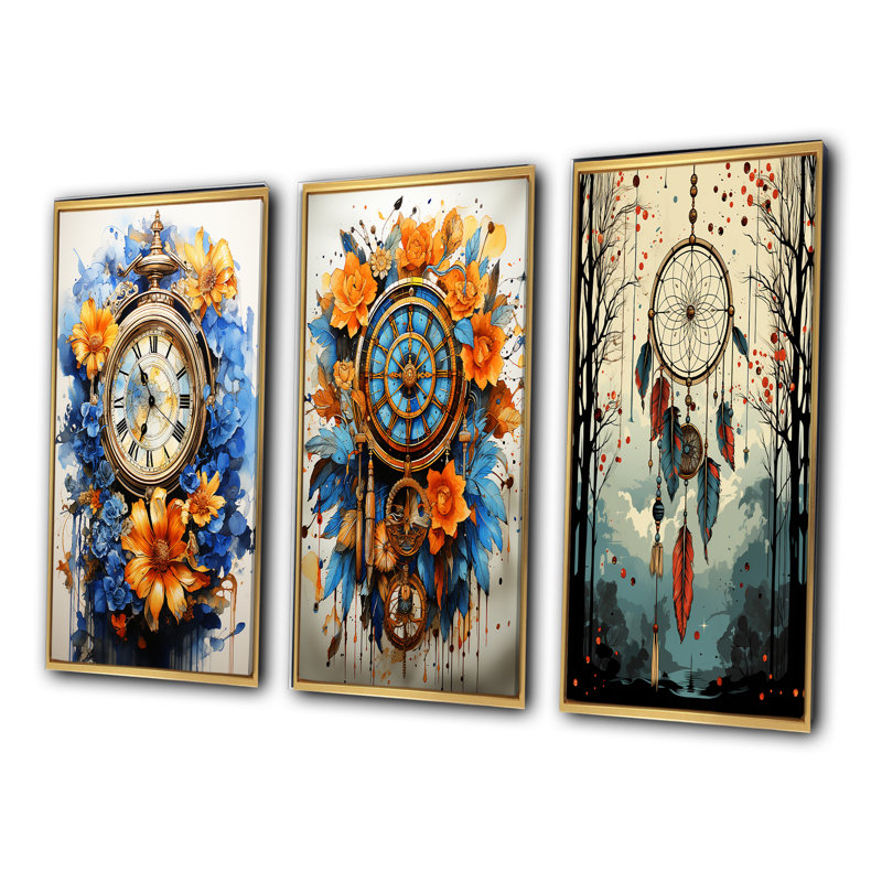 «Boho Time Orange Flowers And Blue Feathers», 3 pièces sur toile, Cadre flottant doré, H 20 po x l 36 po