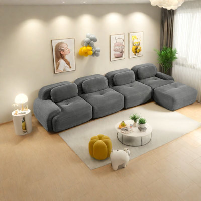 Canapé modulaire à 4 places en velours côtelé gris, ergonomique et antidérapant pour le salon