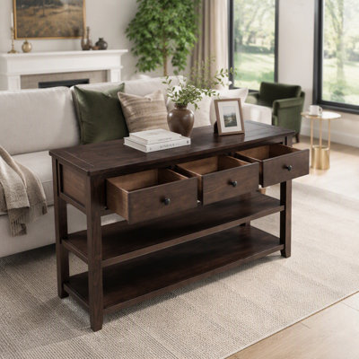 Retro Solid Wood Console Table with Three Drawers and Open Shelves for Living Room Storage Organization