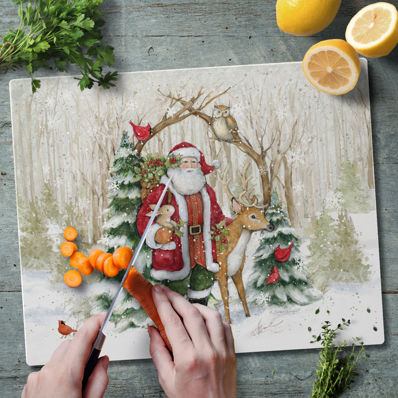 Winter Forest Santa Rectangular Tempered Glass Cutting Board