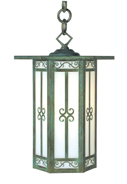 Lanterne suspendue extérieure à 1 lumière Lily, 15" H x 11" W, Verdigris Patina, Ambre Mica