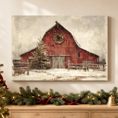 Red Barn in Snow - Rustic Winter Farmhouse Decor Wall Art, 20" H x 30" W Wrapped Canvas Print, Ready to Hang for Living Room, Dining Room or Home Office
