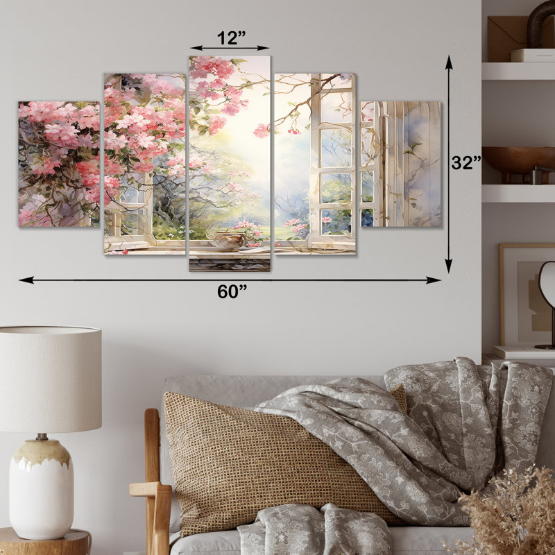 «Pink Blossoming Country Window Gaze I», art mural à multiples panneaux