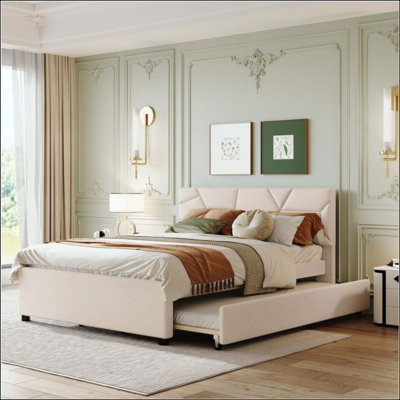 Lit plateforme tapissier avec tête de lit et lit gigogne à motif brique