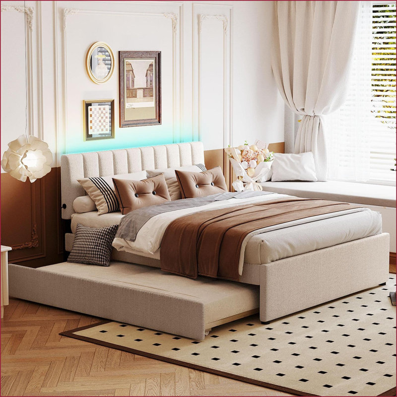 Grand lit plateforme tapissier en molleton avec lit gigogne simple TG, beige - aucun sommier nécessaire