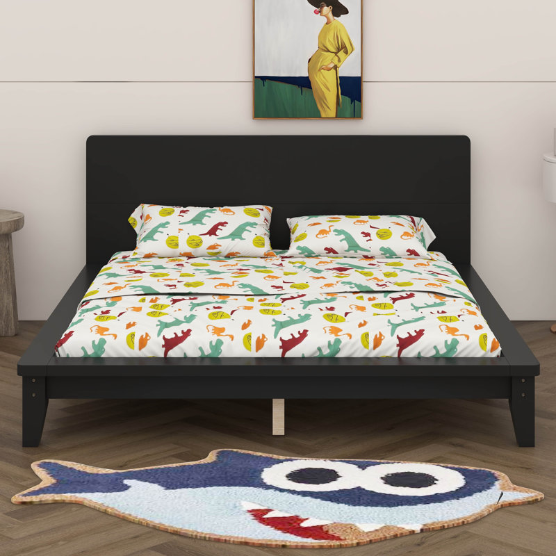 Base de lit en bois avec tête de lit, lit plateforme Mid-Century moderne, Noir, Grand lit