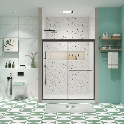 Porte de douche à dérivation, porte coulissante, avec verre trempé de 1/4 po et fini noir mat 50 à 54 po x 70 po