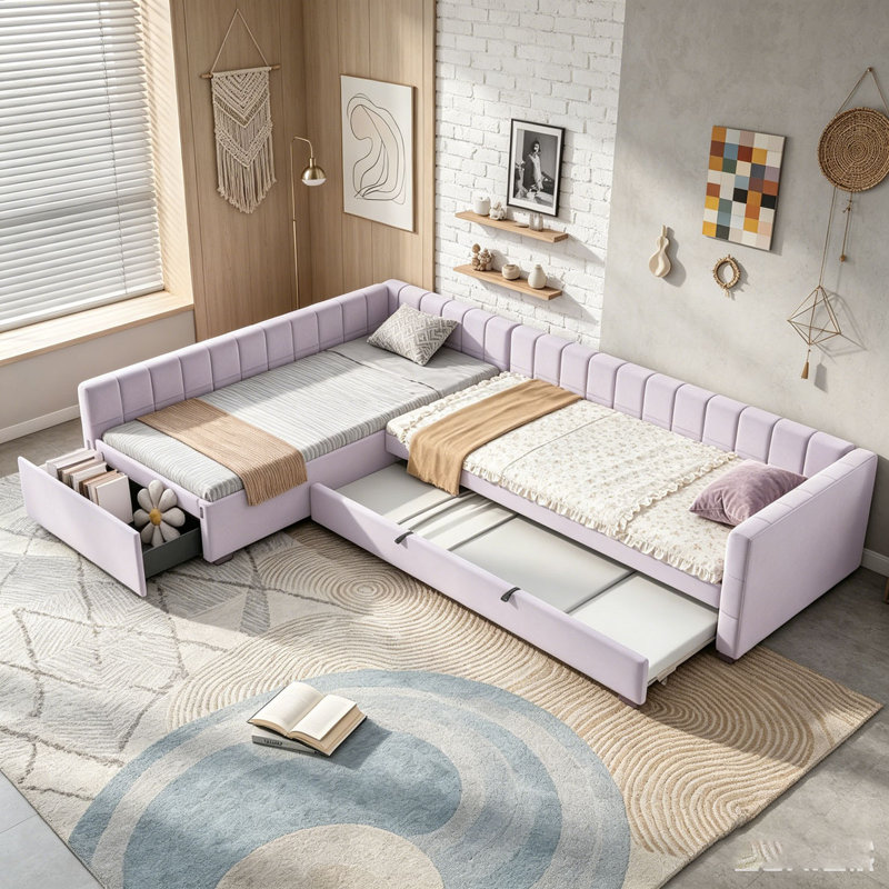 L-shape Upholstered Double Twin Size Daybed with Trundle and Drawer, Pink