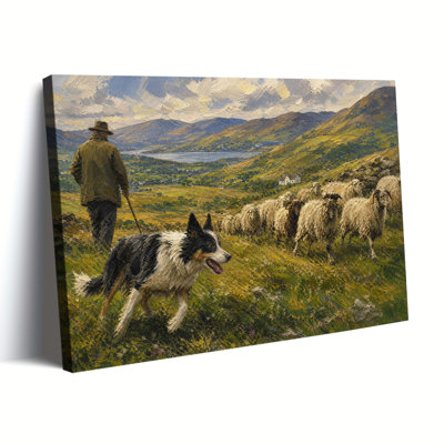Reproduction de peinture à l'huile texturée à la main sur toile de montagne rétro vintage, Highland Shepherd Border Collie and Sheep