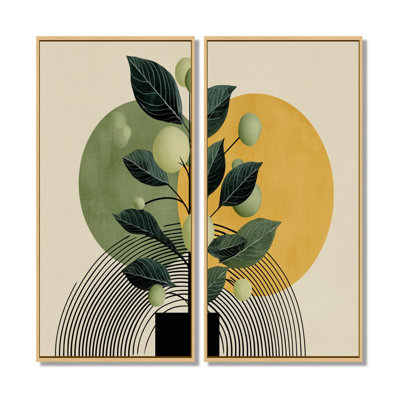 Green And Black Bohemian Minimalist Geometric Plant - Botanicals Wall Art Decor, Green Botanical Canvas Print 2 Piece