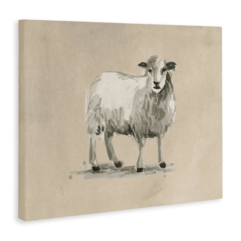 «Gazing Sheep on Beige», art mural sur toile par June Erica Vess, H 16 po x l 20 po