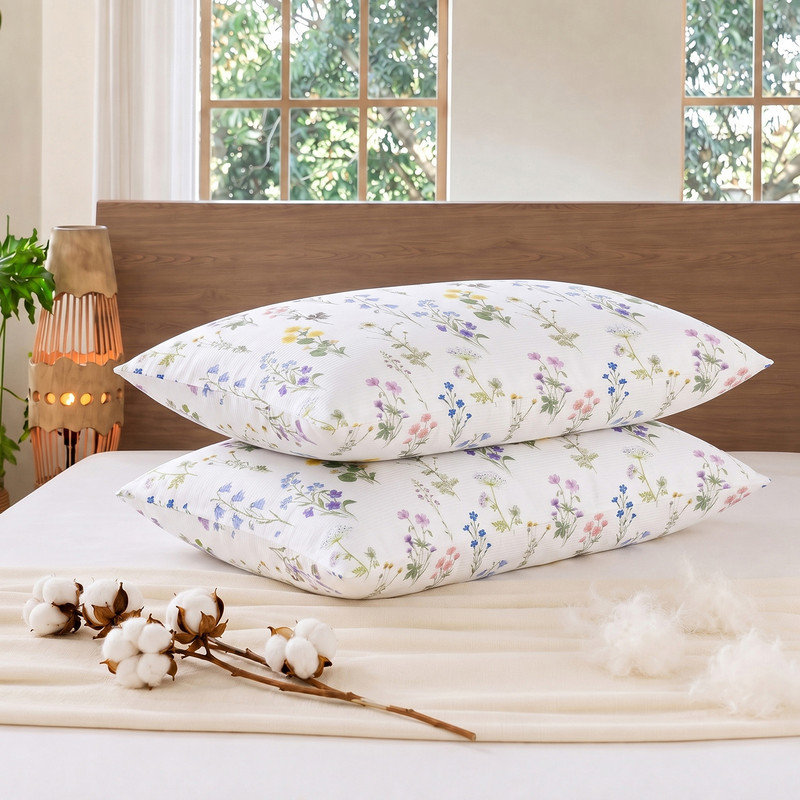 Floral Pillowcases King Size Set of 2, White Meadow Wildflower Pillow Covers, Soft Breathable 100% Cotton Pillow Cases with Envelope Closure, Cottage Style