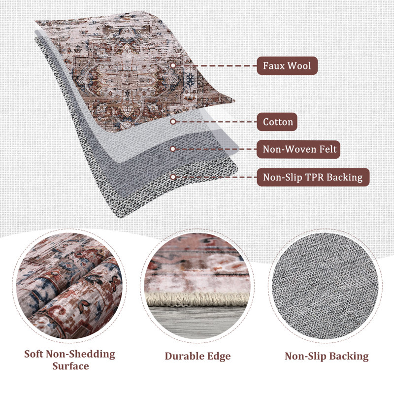 Washable Vintage Distressed Ombre Area Rug - Non-Slip, Soft Low Pile Carpet for Living Room, Brick Red, 4x6ft, Brick Red