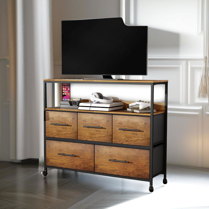 5 Fabric Drawer Bedroom Dresser With Charging Station, Brown