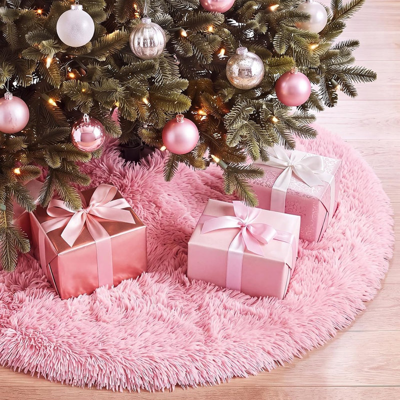 Jupe de sapin de Noël en fausse fourrure rose – Cache-pied de sapin duveteux et moelleux pour une ambiance chaleureuse pendant les fêtes et la décoration intérieure