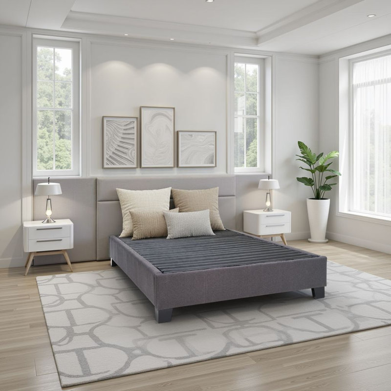 Modern Contempo Queen Upholstered Bed Platform Base, Charcoal Grey, Gray, Queen