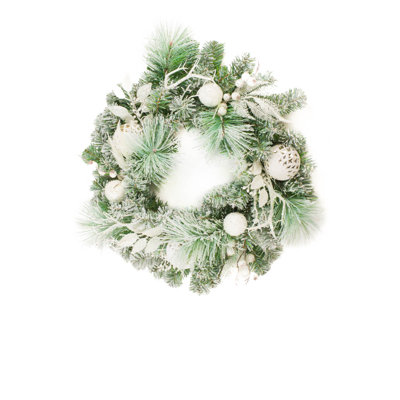 Hanging Flocked White and Gray Plastic Mixed Foliage Wreath