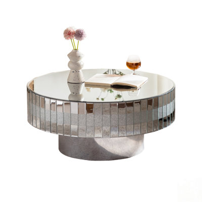 Luxury Round Mirrored Coffee Table with Crushed Diamond Accents and Silver Crystal Edge, Perfect for Modern Glam Living Rooms