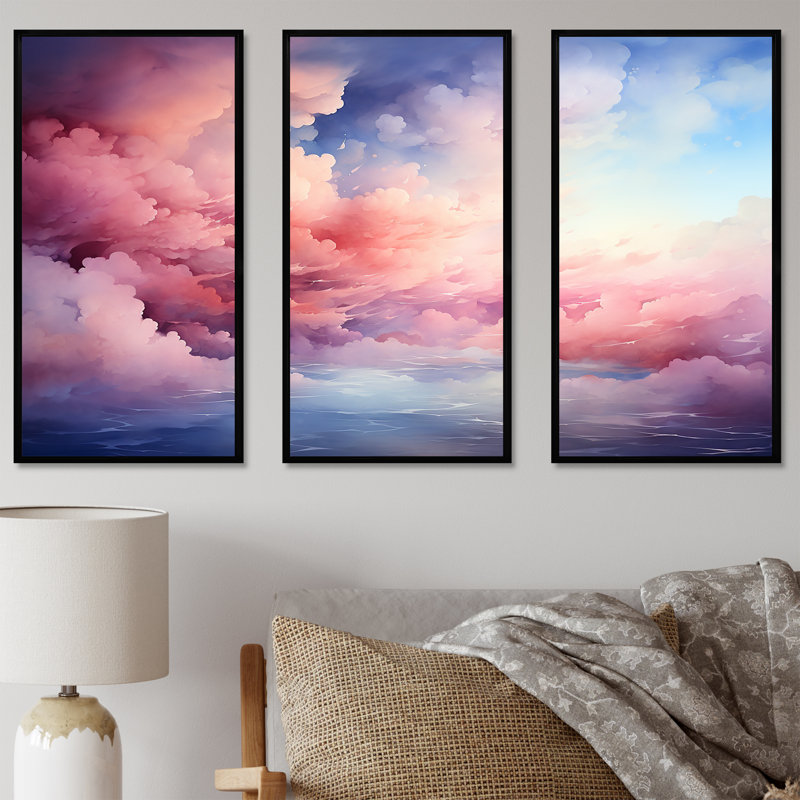 Rose et bleu pastel coloré ciel IV - art mural ciel, Cadre flottant noir, H 28 po x l 36 po x P 1 po