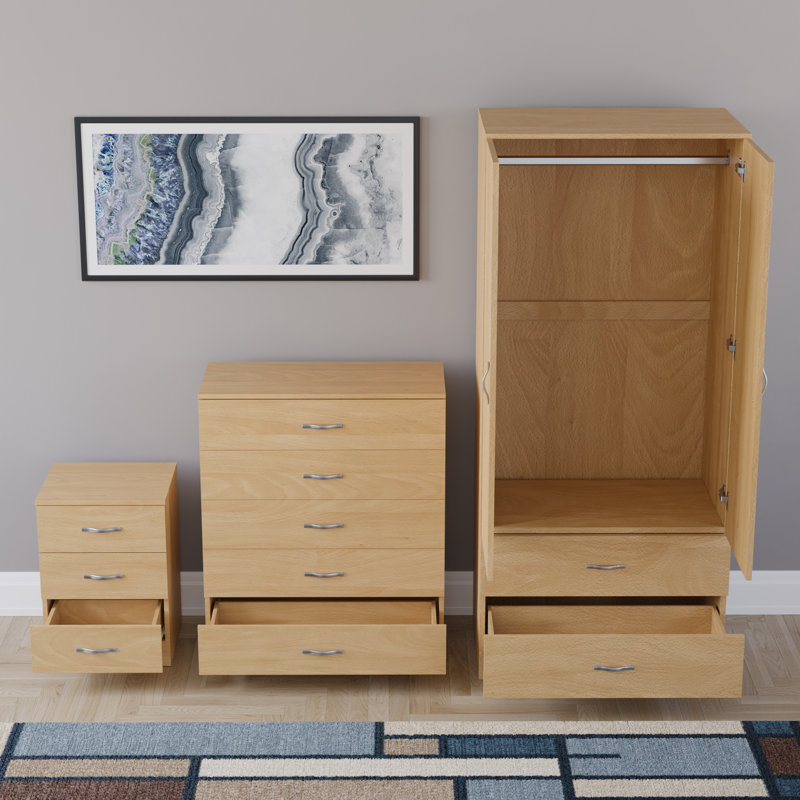 Maybery 3 Piece Bedroom Set (3 Drawer Bedside Chest, 5 Drawer Chest, 2 Door 2 Drawer Wardrobe), (4), Pine
