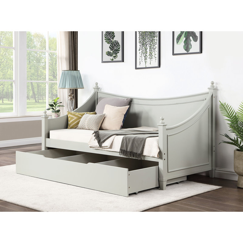 Lit de jour simple gris, style transitionnel, moulure, affiche avec embouts, bois massif pour matelas avec finition grise, style design et pièce de mobilier multifonctionnelle