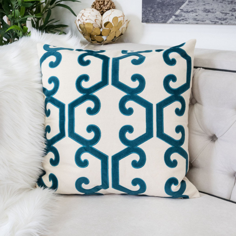 Appliqued Cotton Outdoor Throw Pillow, Cerulean