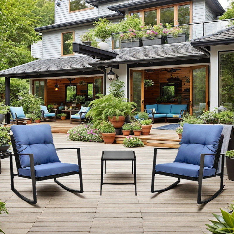 3 Pieces Patio Bistro Set Outdoor Rocking Chair W Blue Cushion For Yard Garden Poolside