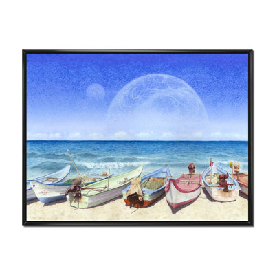 Bateaux sur la plage avec Supermoon - peinture sur toile