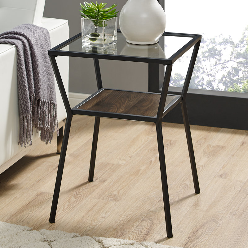 Table de bout en verre avec rangement Howell, Noyer foncé