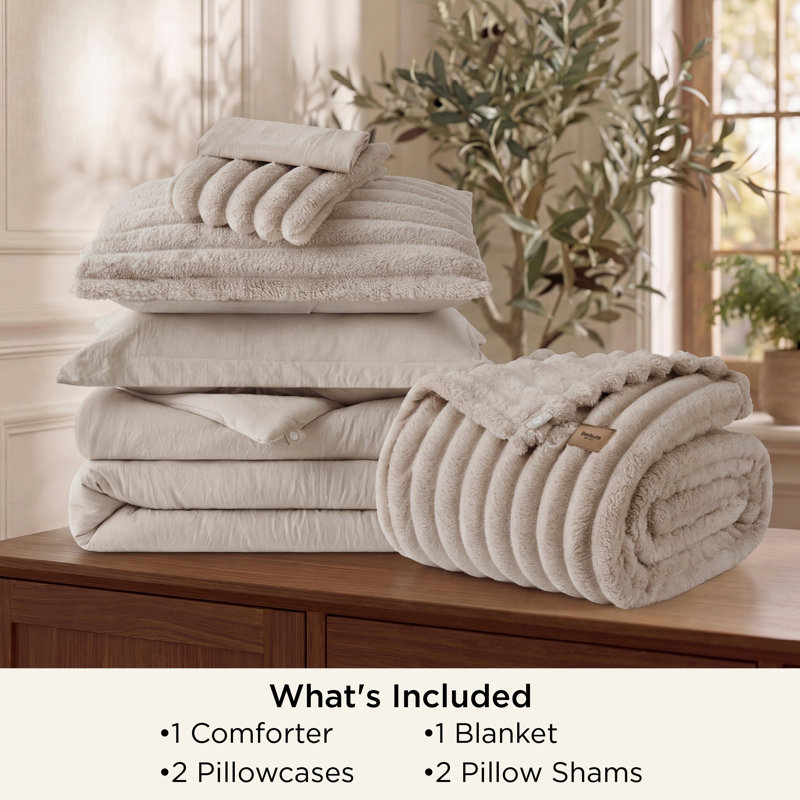 Bedsure Oversized Queen 2-in-1 Comforter Set with Detachable Fluffy Blanket – White SnapTech Design Bed-in-a-bag, All-Season Bedding Set(Set of 6)