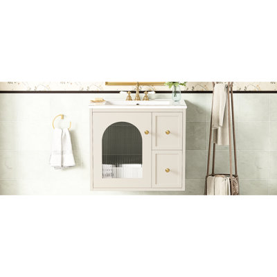 Meuble-lavabo 24 po: fixation murale pour salle de bain compacte, lavabo en céramique, deux tiroirs profonds, rangement pour porte en verre, installation rapide intelligente, petite porte à fermeture en douceur Modern Decor, installation,