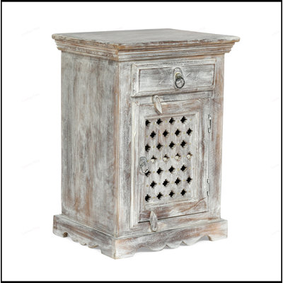 Handcrafted Mango Wood Nightstand with Drawer and Cabinet, Distressed Finish for Unique Boho Style and Storage