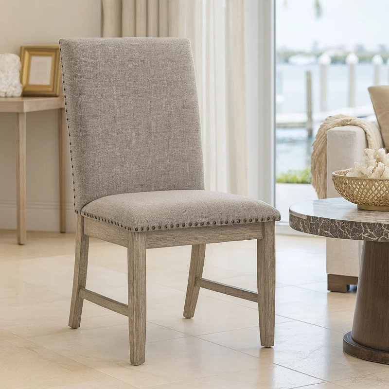 Ensemble de 2 chaises de salle à manger Ruth, rembourrage en polyester gris, garniture cloutée