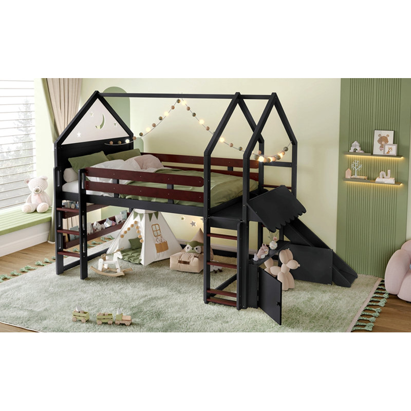 Full Size Loft Bed With Bookshelf Playful Design For Kids House-Shaped Structure With Slide High-Quality Safety Rails, Black