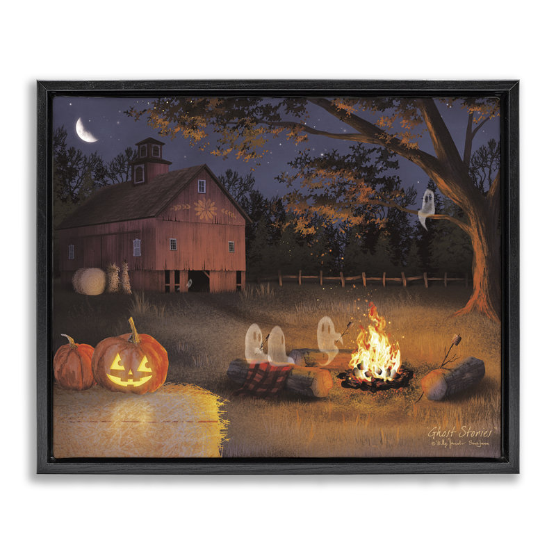 Cadre flottant Spooky Ghost & Autumn Campfire, design par Billy Jacobs, Cadre flottant noir de jais, H 17 po x l 21 po