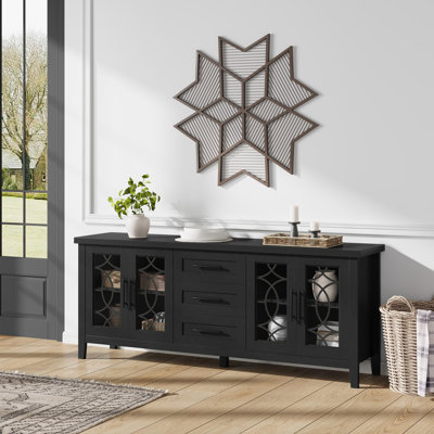 Meuble télé Farmhouse avec porte en verre pour téléviseur de 65 à 70 pouces, meuble télé, meuble télé Mid-Century avec 2 portes de rangement et 3 tiroirs, console avec tablettes pour le salon (noir)