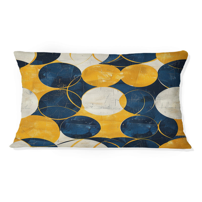 Coussin lombaire rétro bleu et jaune Midcentury Circles II