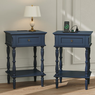 25'' Tall 1- Drawer End Table with Built-in Charging Outlets(set of 2), Minimal Assembly Needed