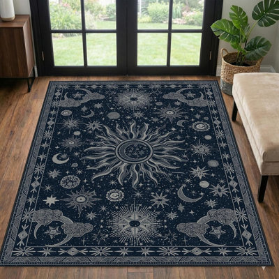 Tapis 4 x 6, tapis lavable, antidérapant, antidérapant, rétro, style bohème, gothique, soleil et lune, à poils courts, pour le salon, la chambre, la salle à manger, le couloir, le bleu, le blanc et le blanc