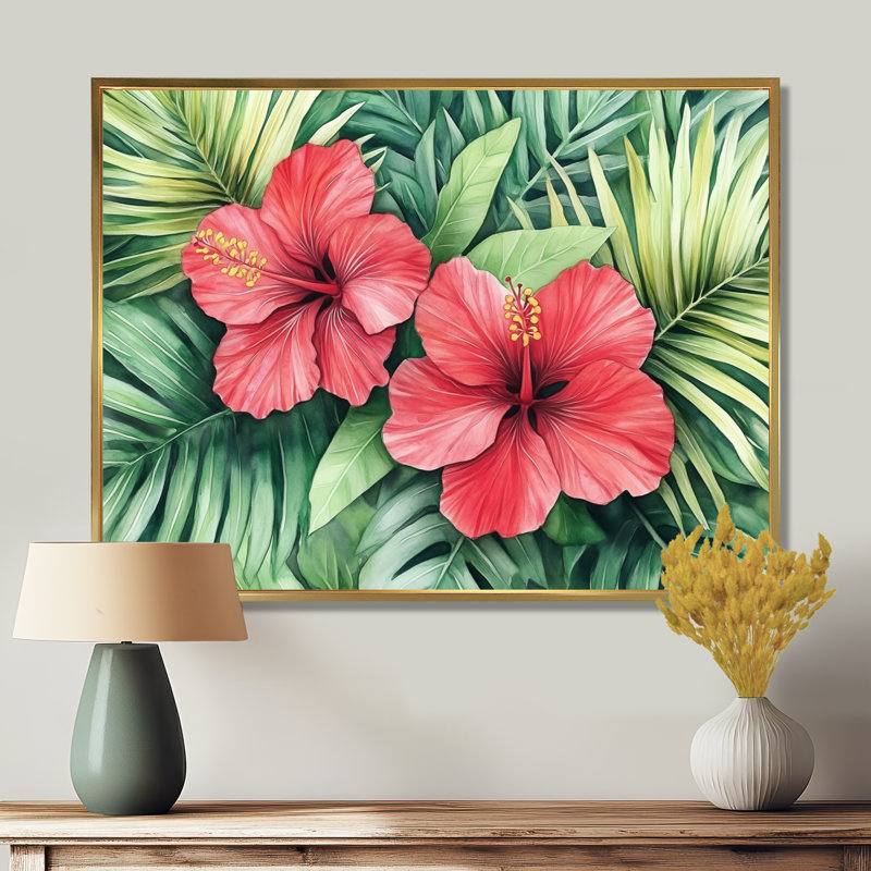 Toile fleur tropicale, art mural hibiscus, Prou, H 30 po x l 40 po, Cadre flottant doré