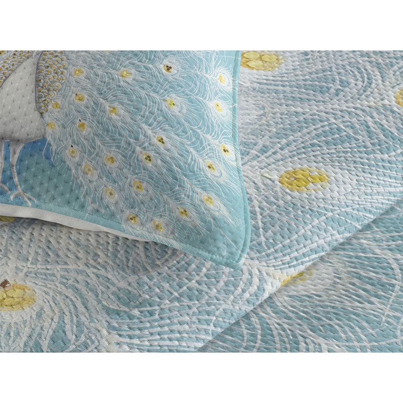 Twin White Microfiber Quilted Peacock Bedspread Set
