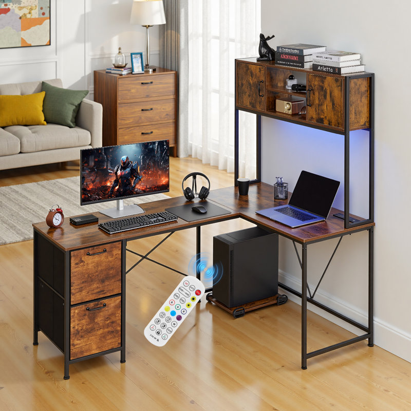 Bureau de jeu en L avec lumières DEL, bureau d'ordinateur de coin réversible de 62,2 pouces avec prises de courant, support pour unité centrale mobile et tiroirs de rangement, table de jeu moderne et élégante pour PC pour le bureau à domicile