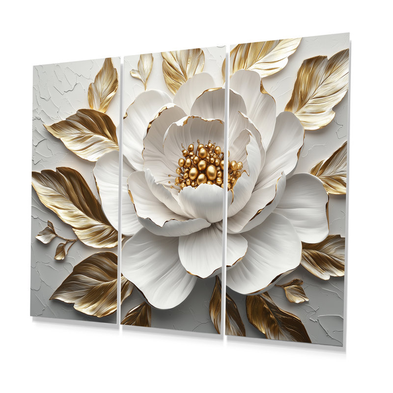 Ensemble de salon art mural pivoines blanches et dorées Bloom III, Métal métal, H 32 po x l 48 po x P 1 po