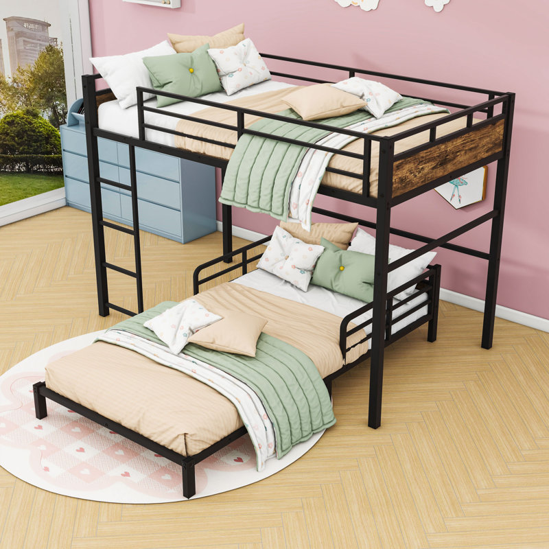 Metal Bunk Bed With Raised Security Fence, Vintage Wood, Extra Long Twin Over Extra Long Twin