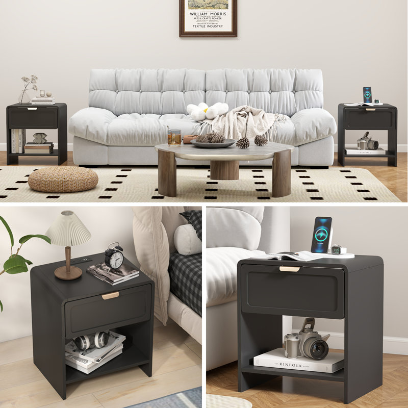 End Table Set With Charging Station, Black