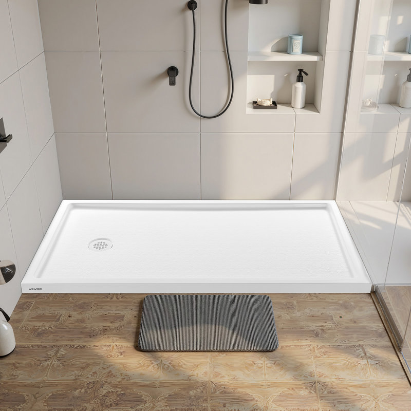 Bac à douche, base de douche à seuil simple L 60 po x l 30 po, base de douche rectangulaire en acrylique et en PVC blanche, bases de bac de douche antidérapantes avec bonde et couvercle pour salle de bain, emplacement pour drain à gauche
