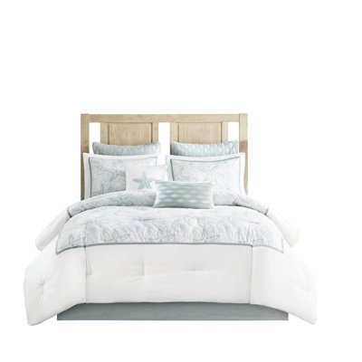 White Full Comforter Bedding - Cotton With Sand Dollar Embroidery Filling Bed Skirt And 2 Shams Included 100% Beach Theme &