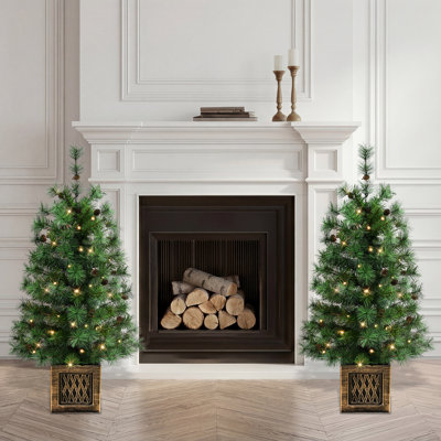 Ensemble de 2 arbres artificiels en pot pré-éclairés à pile de 3,5 pi avec minuterie