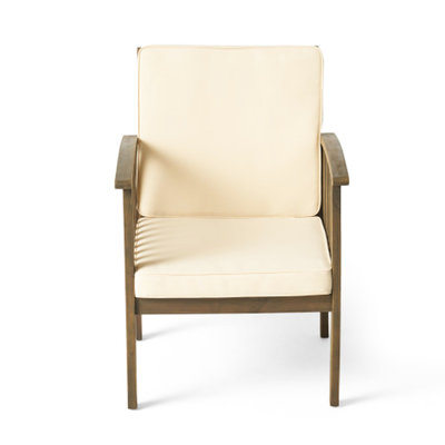 4 fauteuils de salle à manger en bois, finition grise résistante aux intempéries, avec coussins de couleur crème pour l'extérieur